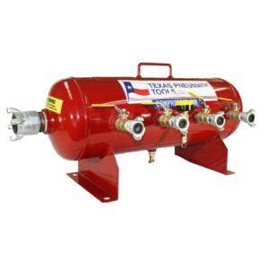TX-2AMF Front View of Fifteen Gallon, 200 PSI ASME Certified Air ManifoldTop View of Air Manifold with 2.5 Gallon, ASME Tank and Industrial Quick Connect Fittings